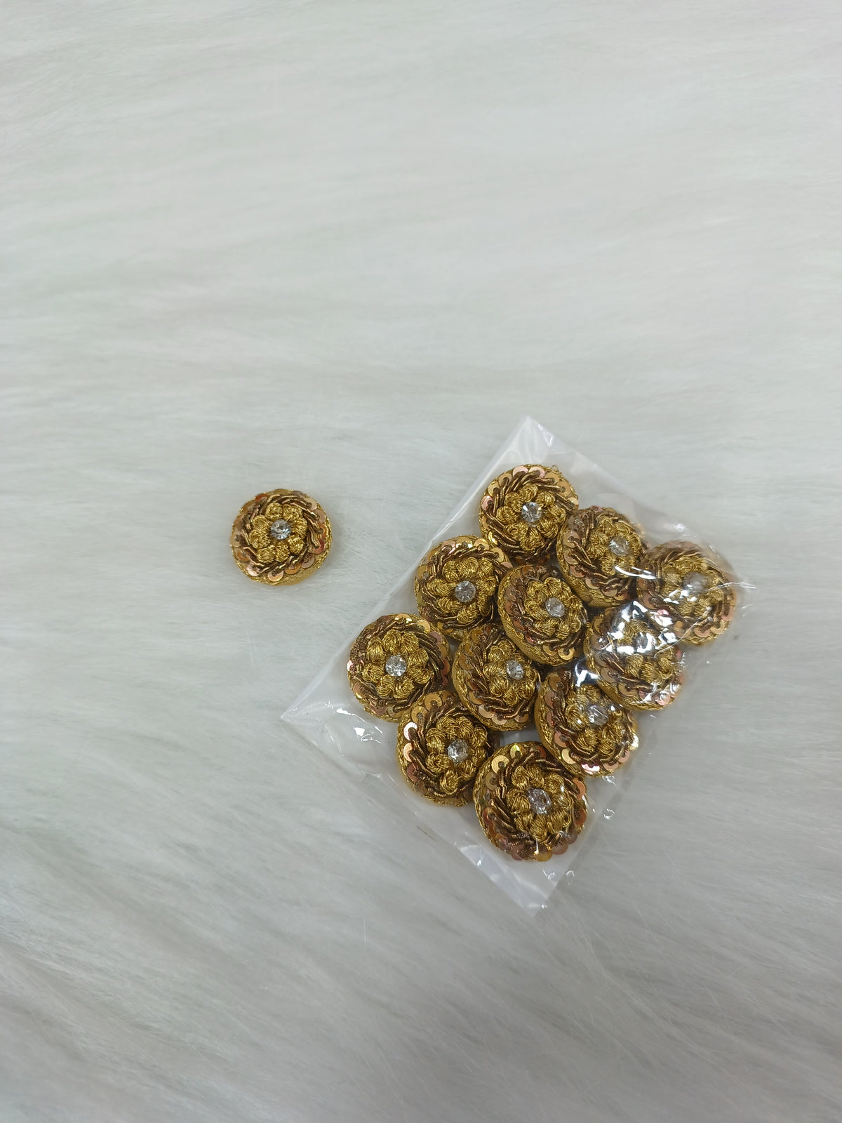 Copper gold Zardosi sequence and jari handwork button with intricate design, suitable for traditional or festive attire.