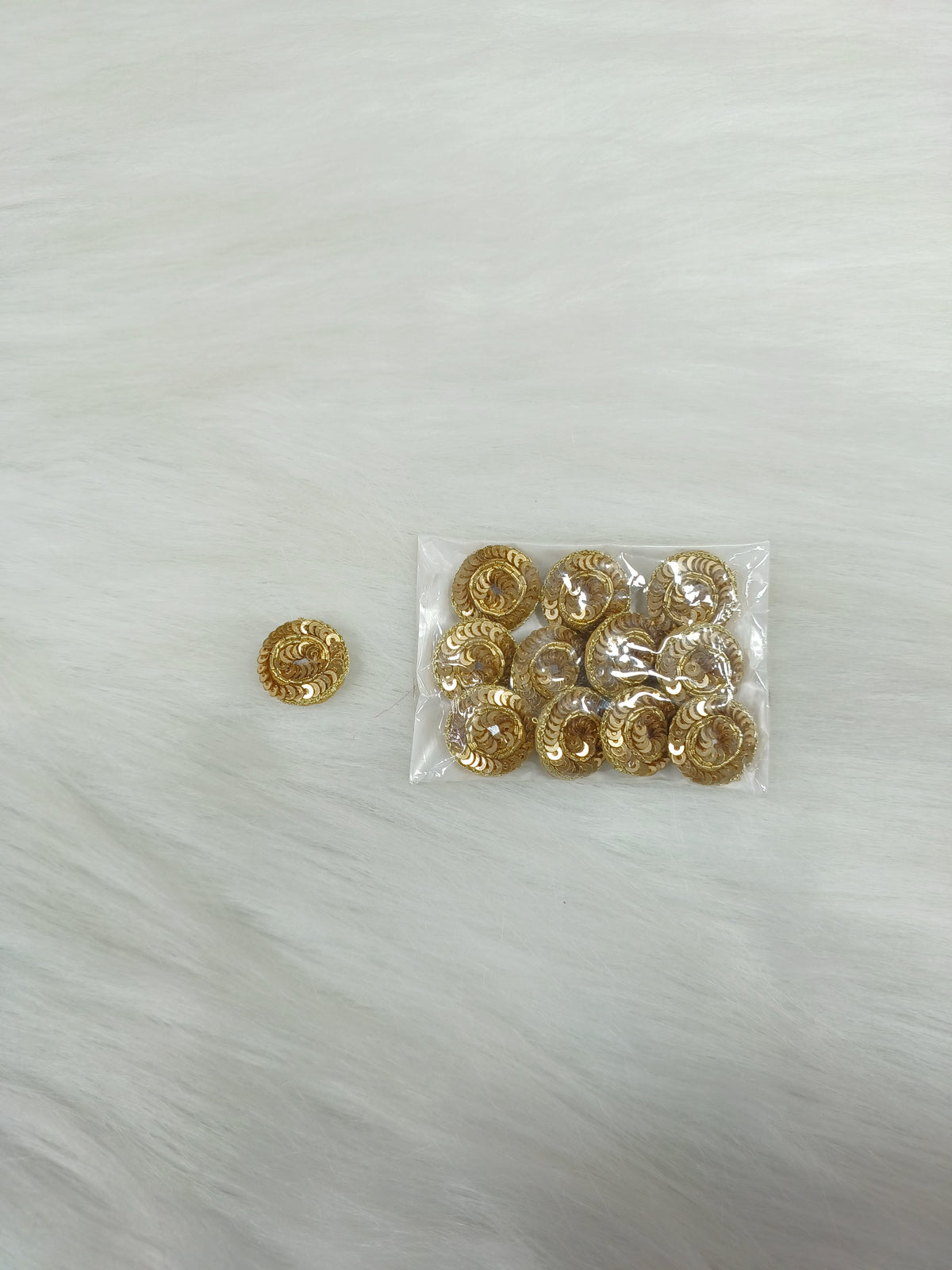 Golden Zardosi and sequence handwork button with intricate embroidery, suitable for traditional or formal wear.