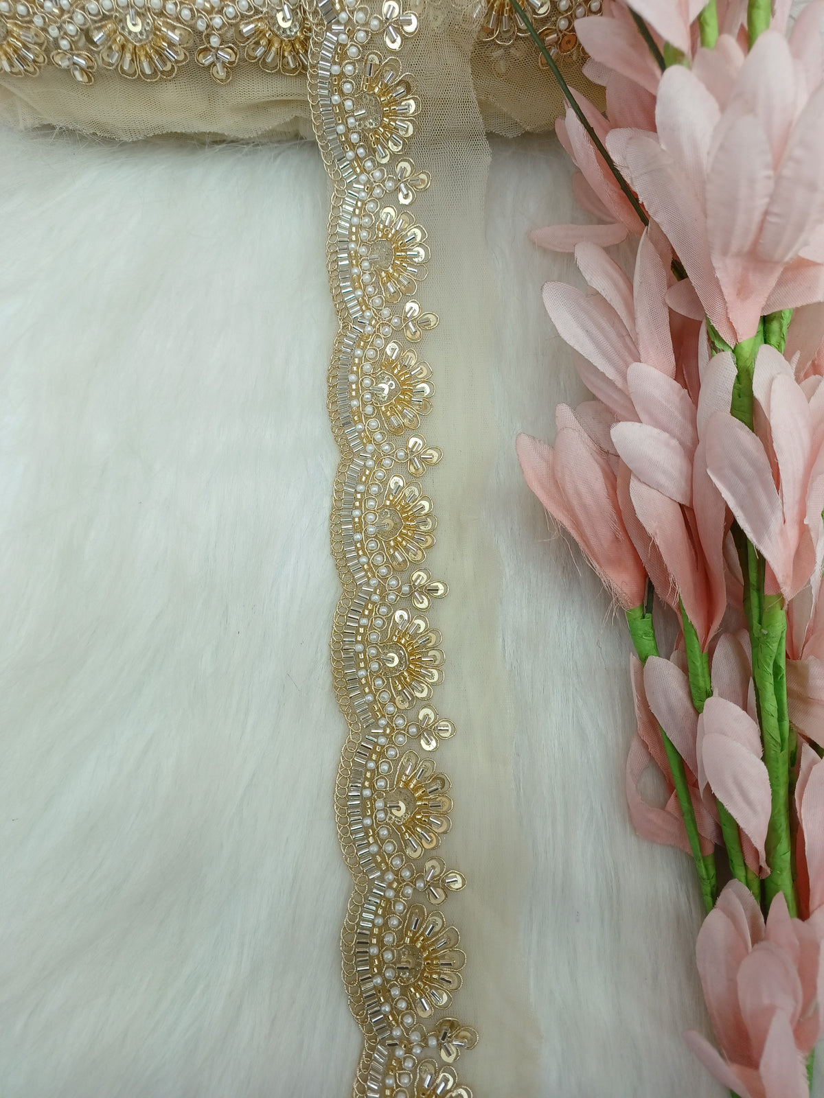 Cutdana and moti handwork golden lace - LH A64Lace Hut Lace Hut