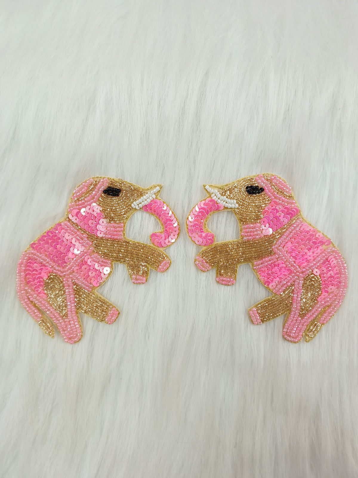 Pink elephant patch with Zardosi, sequins, and handwork from Lace Hut, featuring intricate embroidery and vibrant design.