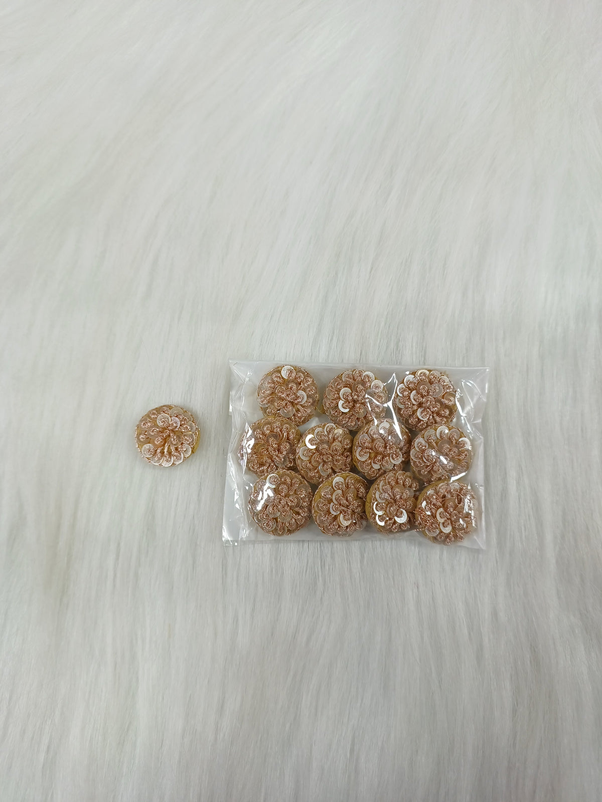 Rose gold button with jari and sequence details from Lace Hut, featuring intricate design and shiny finish.