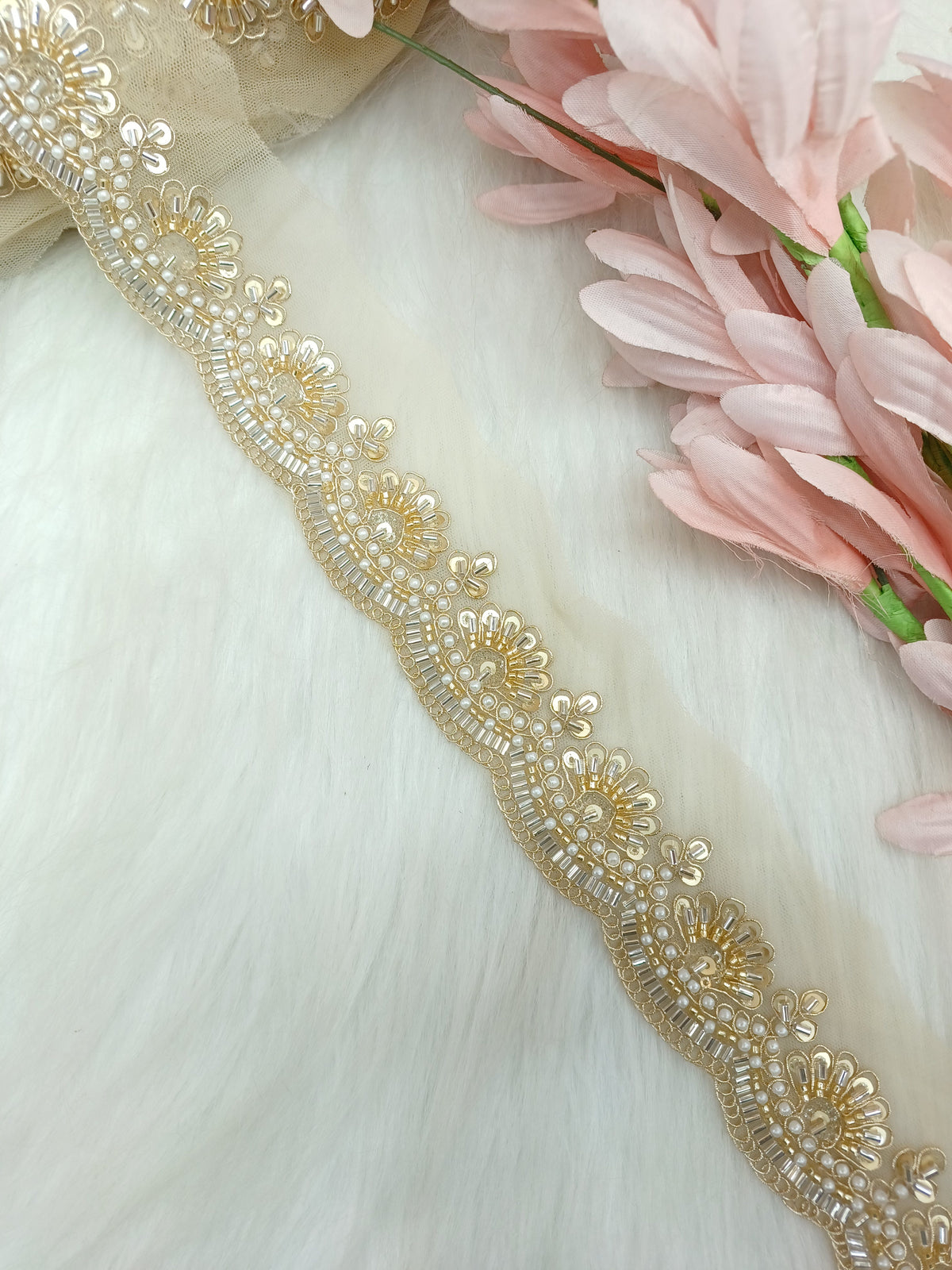 Cutdana and moti handwork golden lace - LH A64Lace Hut Lace Hut