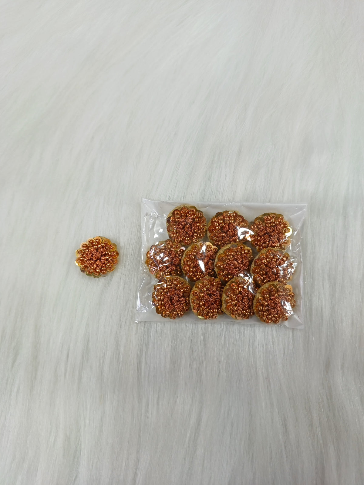 Copper button featuring Jari sequence and poth work design from Lace Hut, showcasing intricate handcrafted detailing.