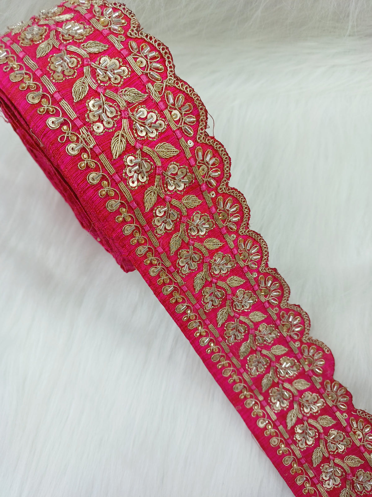 Reddish pink lace with cutdana and jari handwork, intricate embroidery, floral design, by Lauce-Hut
