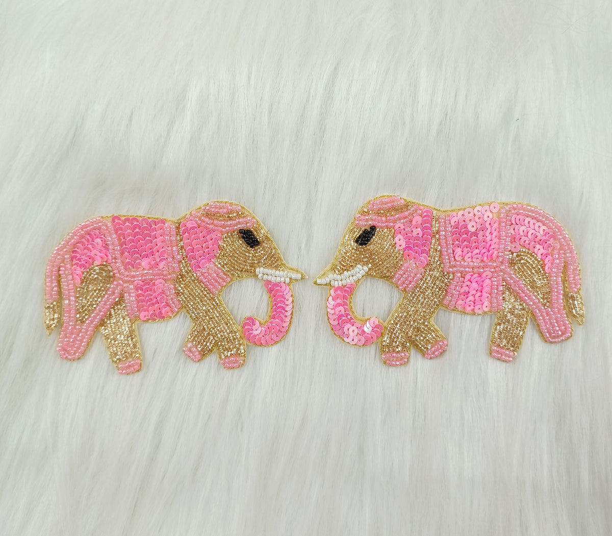 Pink elephant patch with Zardosi, poth, and sequins handwork from Lace Hut featuring intricate embroidery and vibrant design.