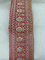 Magenta pink lace with cutdana and moti handwork, intricate embroidery by Lauce-Hut for elegant traditional dress embellishment.