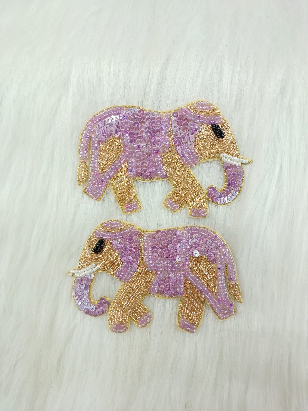 Lavender elephant patch with Zardosi, bead, and sequence handwork from Lace Hut, detailed embroidery on fabric.