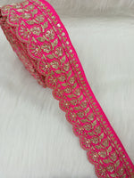 Rani pink lace featuring Cutdana and jari handwork, decorative embroidery from Luce-Hut, showcasing intricate craftsmanship.