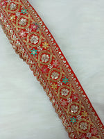 Colorful Lauce-Hut Cutdana Moti handwork lace with red base, featuring intricate embroidery and multi-color bead accents.