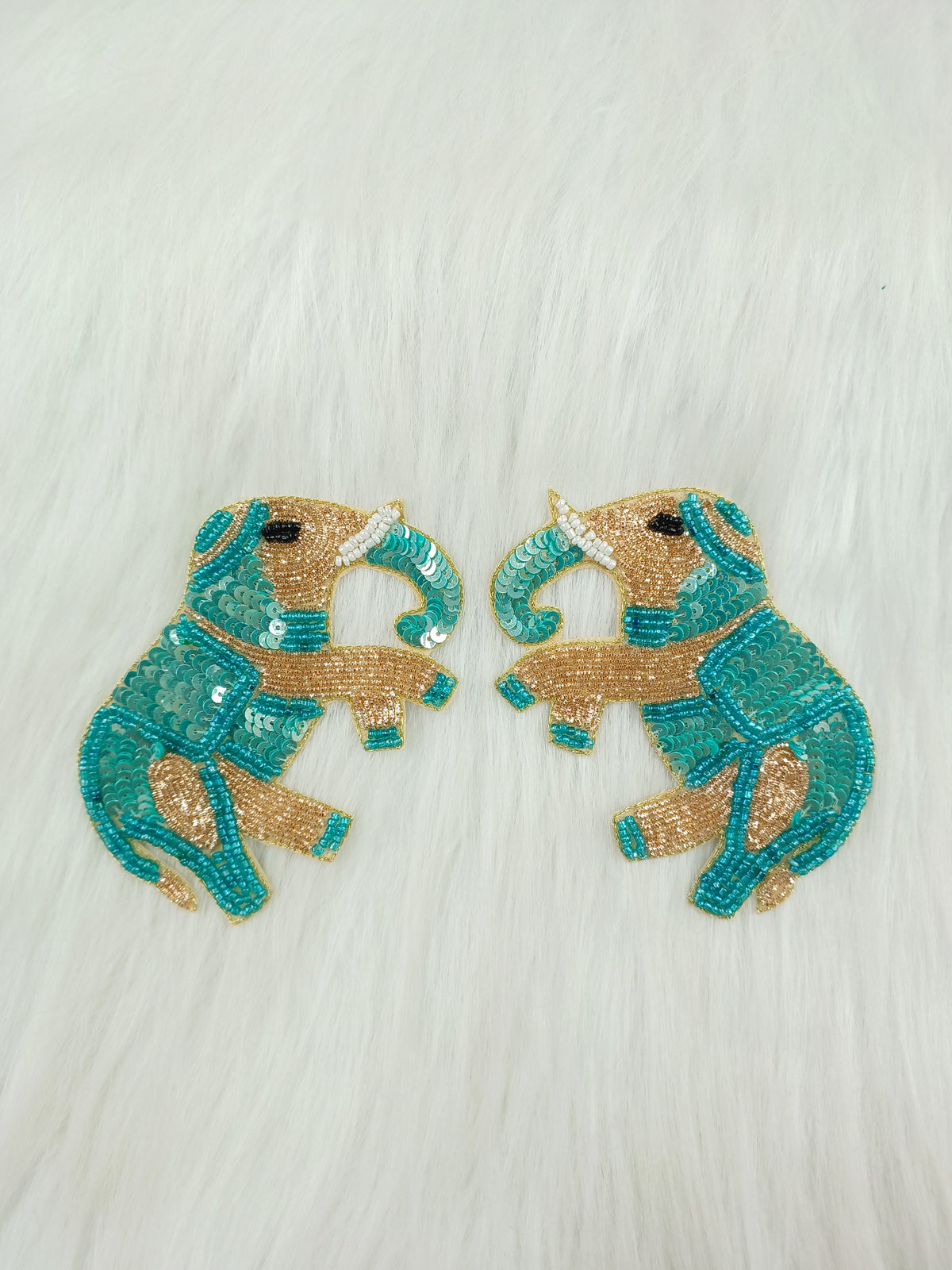 Rama green elephant patch with Zardosi poth and sequence handwork, decorative embroidery by Lace Hut.