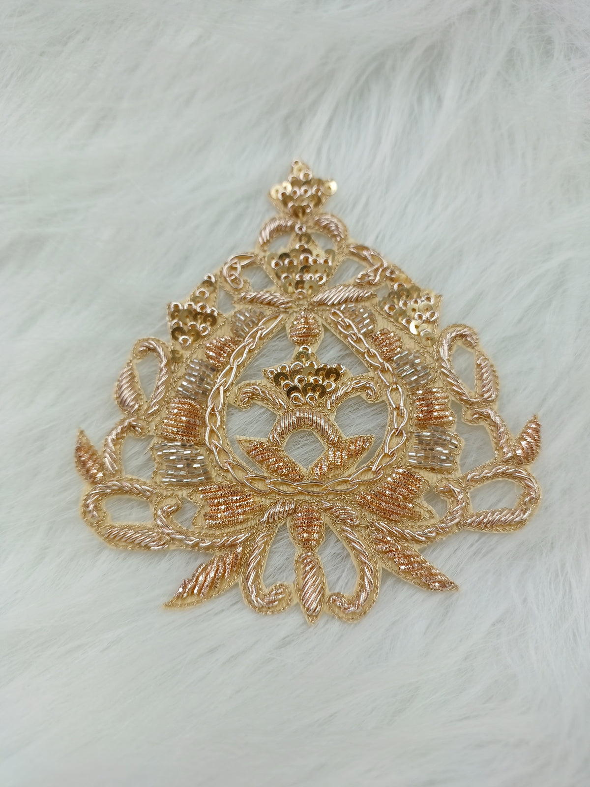 Handcrafted rose gold Zardosi patch with intricate embroidery from Lace Hut, perfect for embellishing garments.