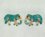 Green Rama Zardosi poth and sequence handwork patch with elephant design from Lace Hut, showcasing intricate embroidery on fabric.