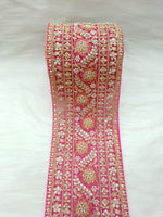 Rani pink lace with cutdana and moti handwork on net base, detailed embroidery by Lace Hut