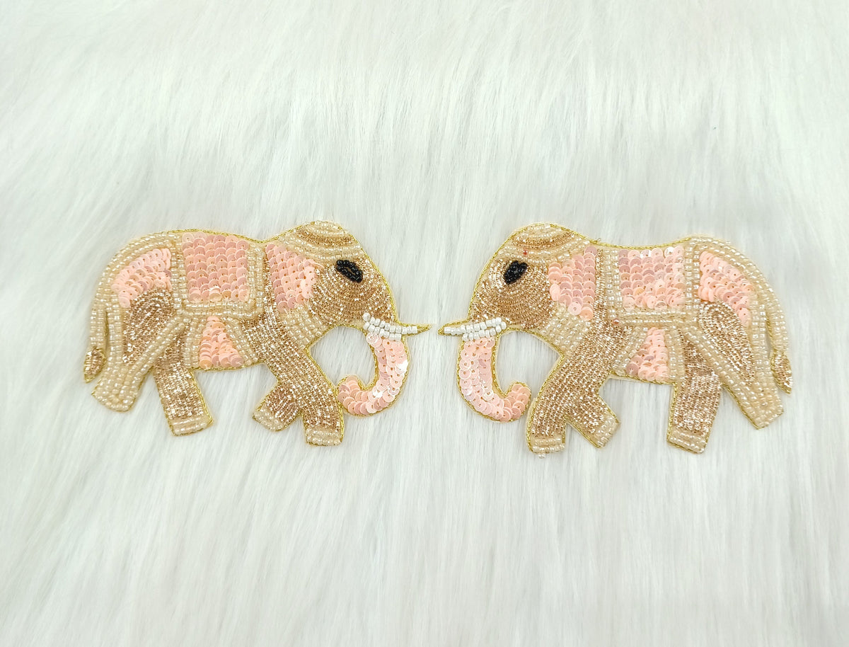Peach Zardosi poth and sequence handwork elephant patch by Lace Hut, detailed embroidery with intricate bead and thread designs.