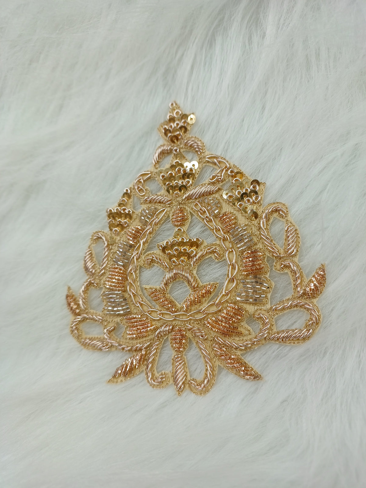Zardosi handwork Rose gold patch by Lace Hut, intricate embroidered floral design on fabric patch.