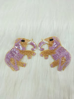 Lavender elephant patch with Zardosi embroidery and sequins, handcrafted by Lace Hut for decorative textile embellishment.