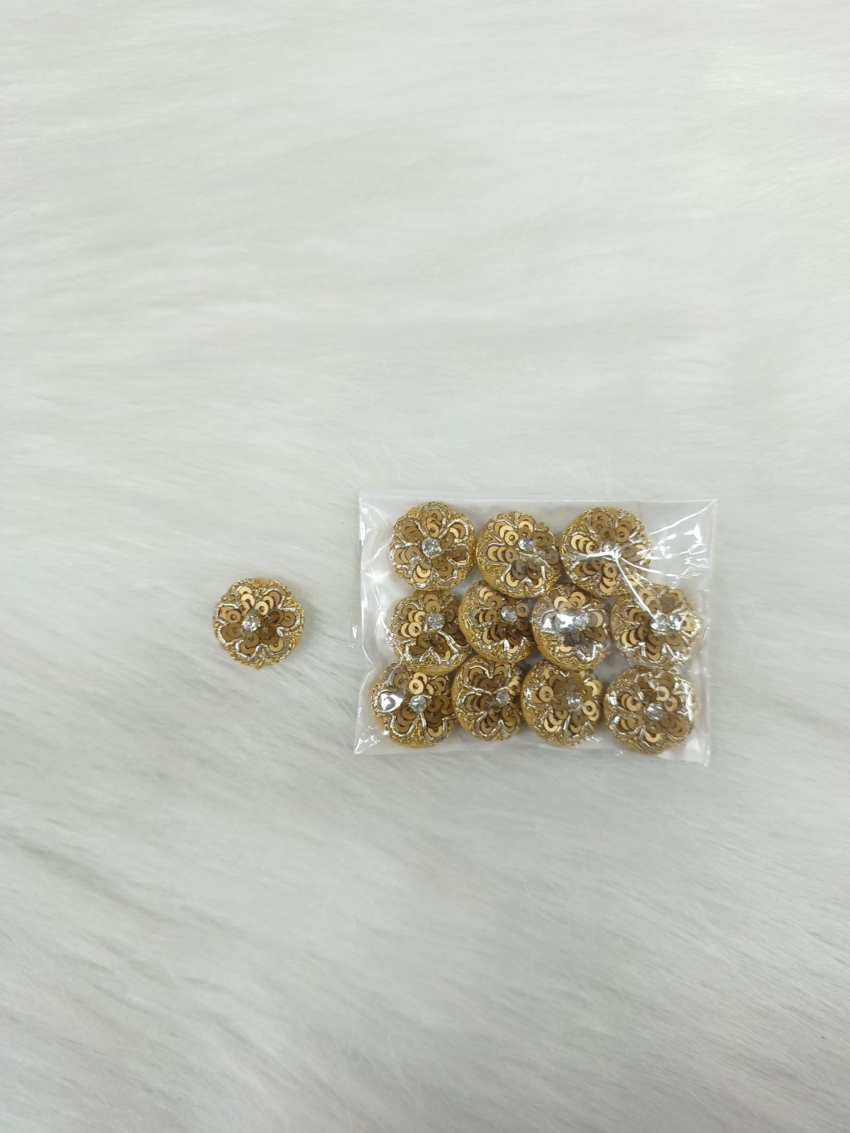 Dull golden Zardosi and sequined handwork button with intricate embroidery, perfect for traditional or ethnic garments.