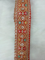 Colorful Cutdana moti handwork lace with red base, multi-color embroidery by Lauce-Hut, showcasing intricate design and craftsmanship.