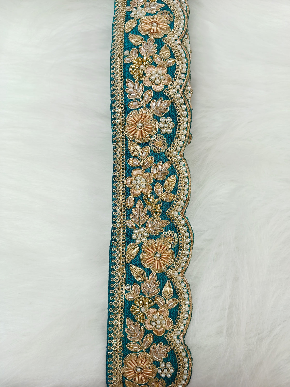 Rama green lace with cutdana moti and zardosi handwork, intricate embroidery by Lauce-Hut, detailed fabric for traditional garments