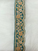 Rama green lace with cutdana moti and zardosi handwork, intricate embroidery by Lauce-Hut, detailed fabric for traditional garments