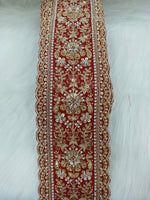 Elegant close-up of lauce-hut Cutdana Moti Handwork Marun lace with intricate embroidery and bead detailing.