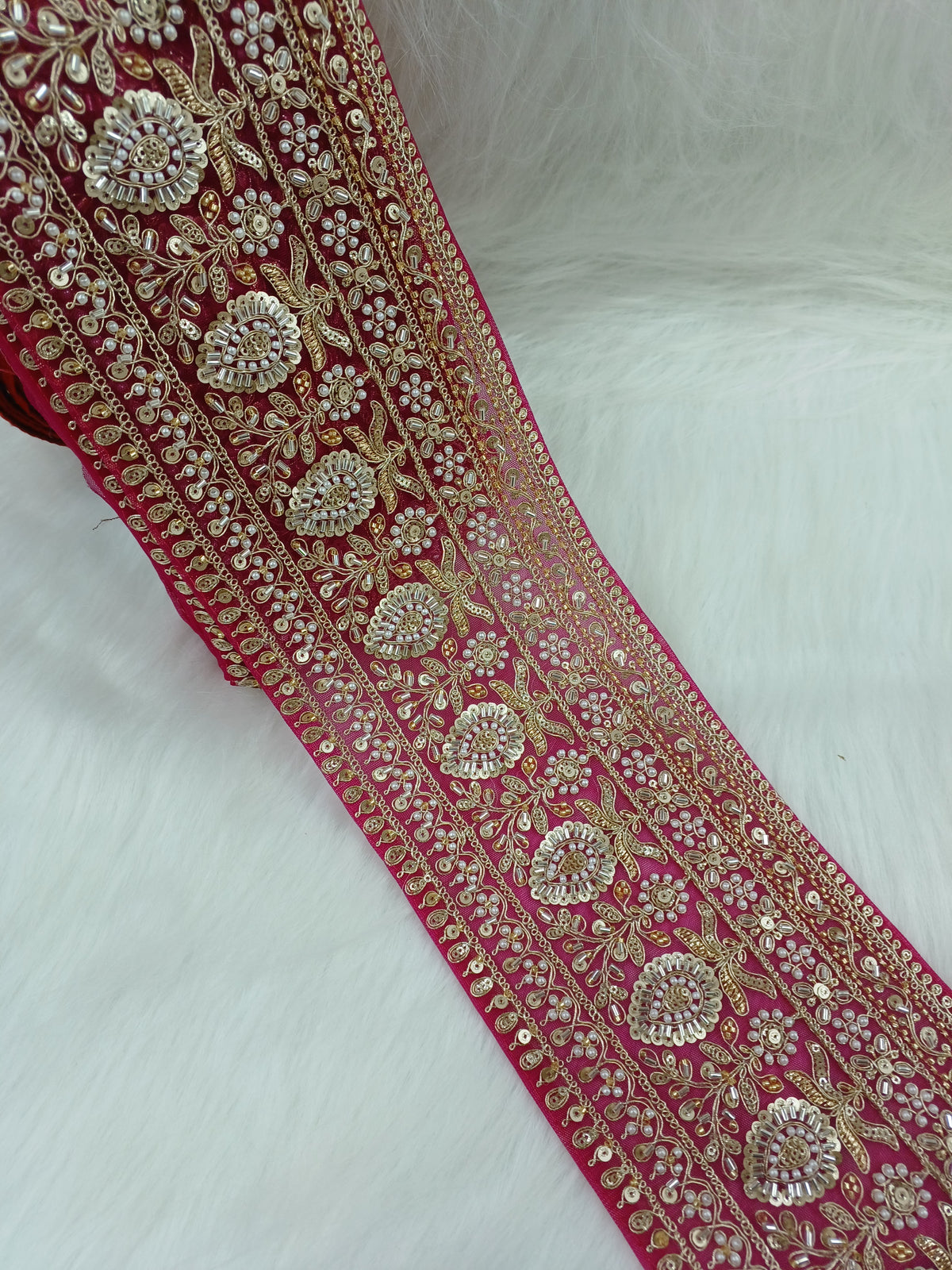 Magenta pink lace with cutdana and moti handwork, intricate embroidery, by Lauce-Hut, suitable for traditional and festive garments.