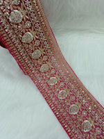 Magenta pink lace with cutdana and moti handwork, intricate embroidery, by Lauce-Hut, suitable for traditional and festive garments.