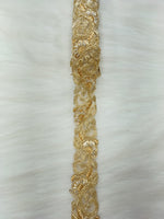 Golden cutdana handwork lace with intricate cutwork design from Lace Hut, showcasing detailed craftsmanship and elegant pattern.