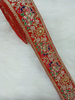 Peacock design lace with Cutdana and moti handwork on red base, multi-colored floral lace by Lace Hut, close-up detail image