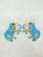 Blue Zardosi poth and sequence handwork elephant patch from Lace Hut, showcasing intricate embroidery on fabric.