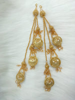 Golden handwork latkan pair for lehenga, intricate embroidery, with hanging decorative tassels, crafted by Lauce-Hut.