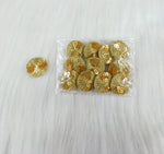 Bright golden Jari and sequined button from Lace Hut, showcasing intricate design and shiny decorative details.