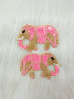 Pink elephant patch with Zardosi embroidery and sequin handwork, crafted by Lace Hut, featuring intricate decorative details.