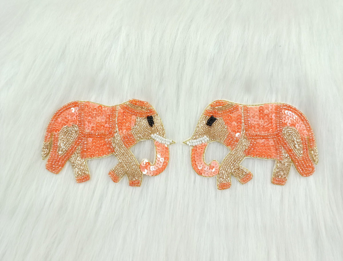 Peach Zardosi poth and sequence handwork patch featuring an embroidered elephant design by Lace Hut.